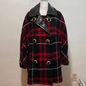 “Gianfranco Ferre” lamb skin leather and wool tartan pea coat in size 44.